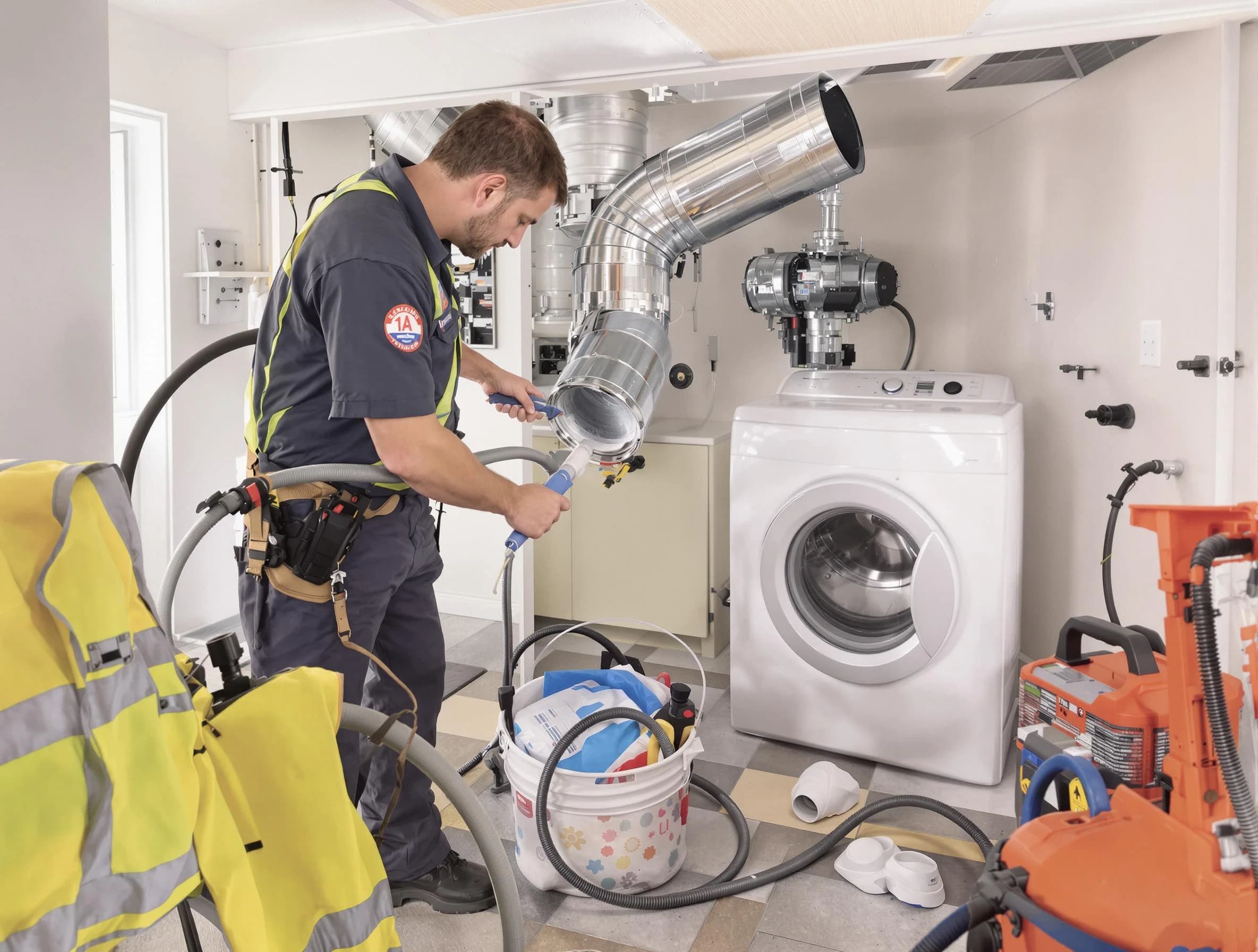 Florence Dryer Vent Cleaning technician using specialized equipment to clear severe dryer vent blockage in Florence