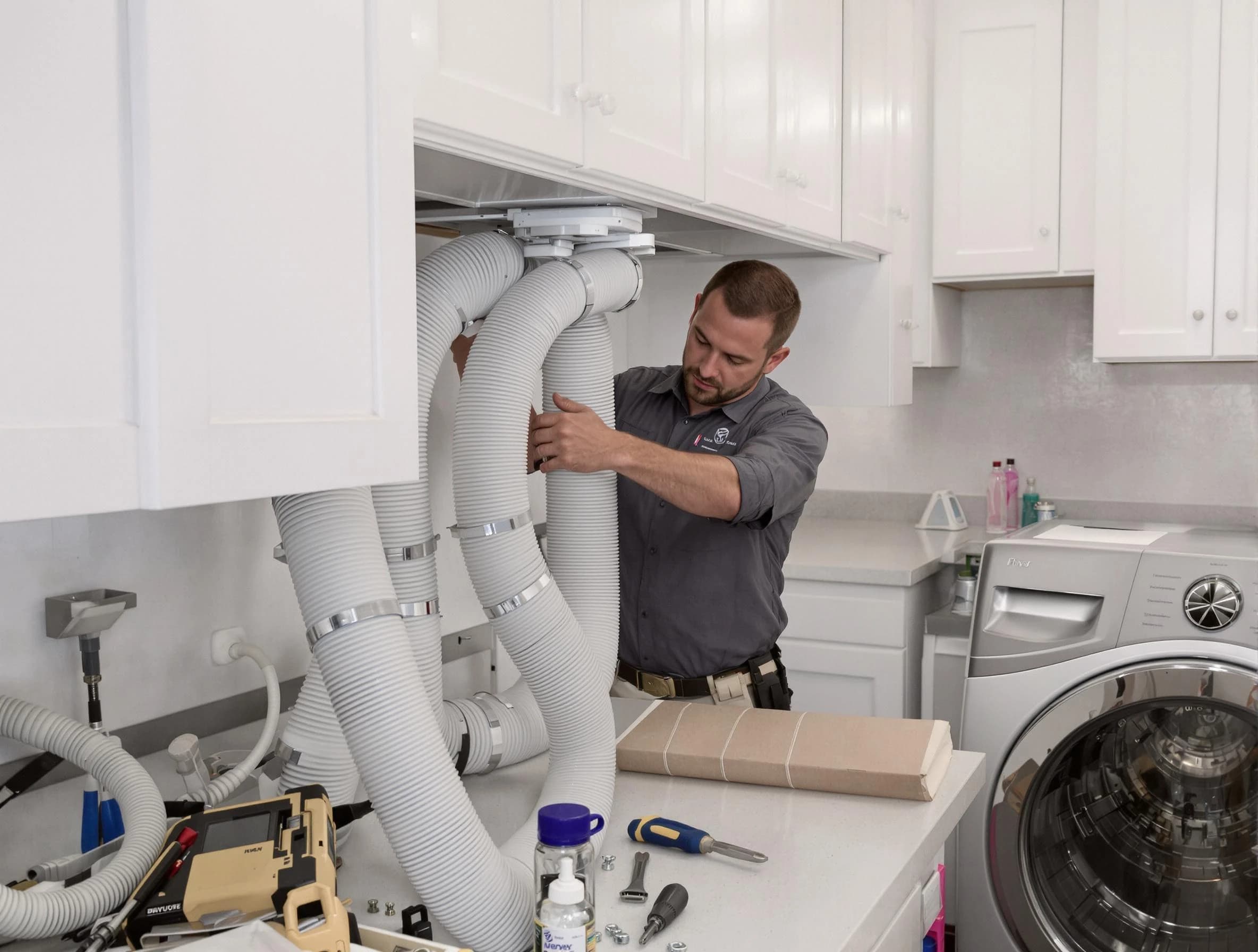 Florence Dryer Vent Cleaning technician installing a new professional-grade dryer vent hose in Florence