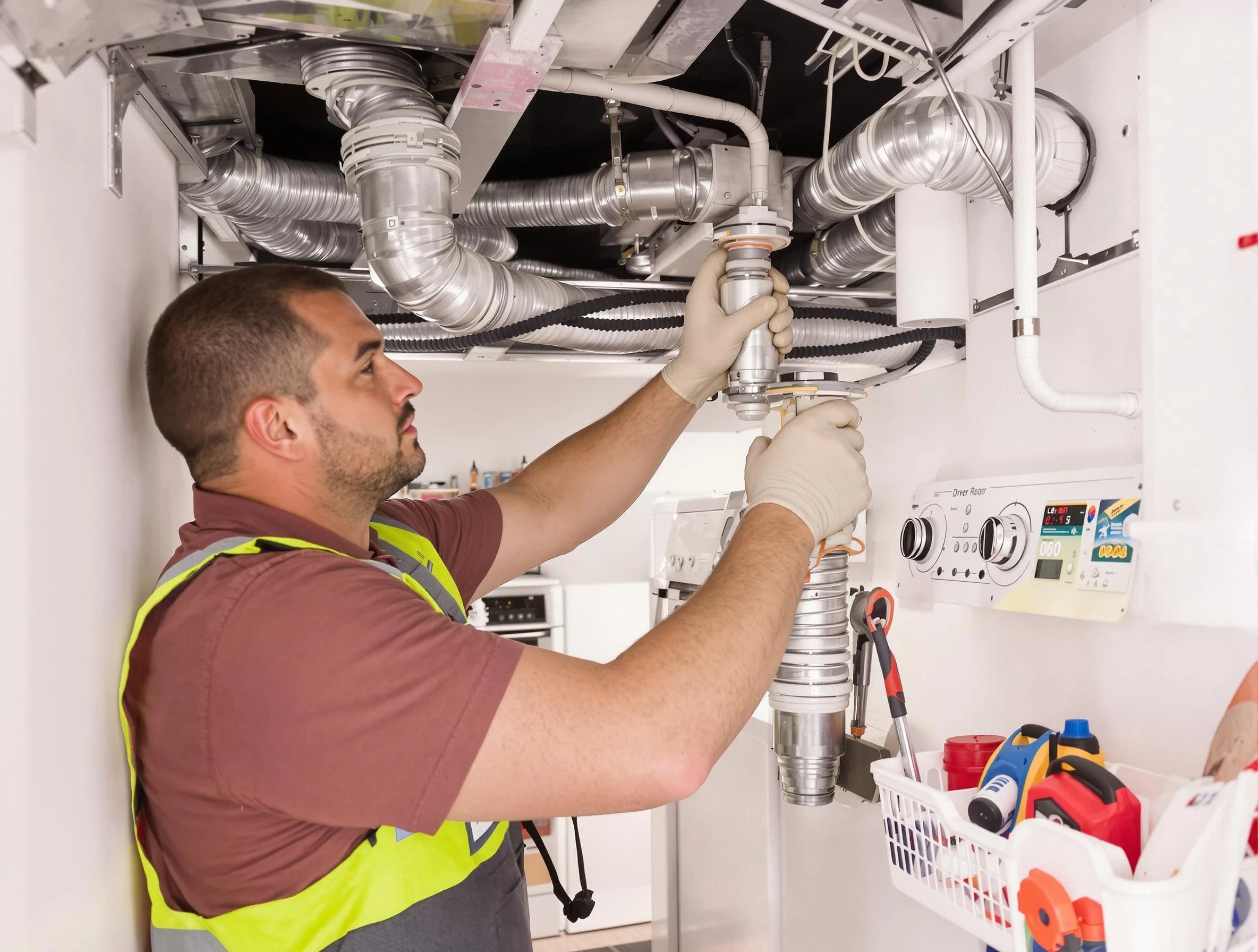Florence Dryer Vent Cleaning expert performing both repair and installation work on a dryer vent system in Florence