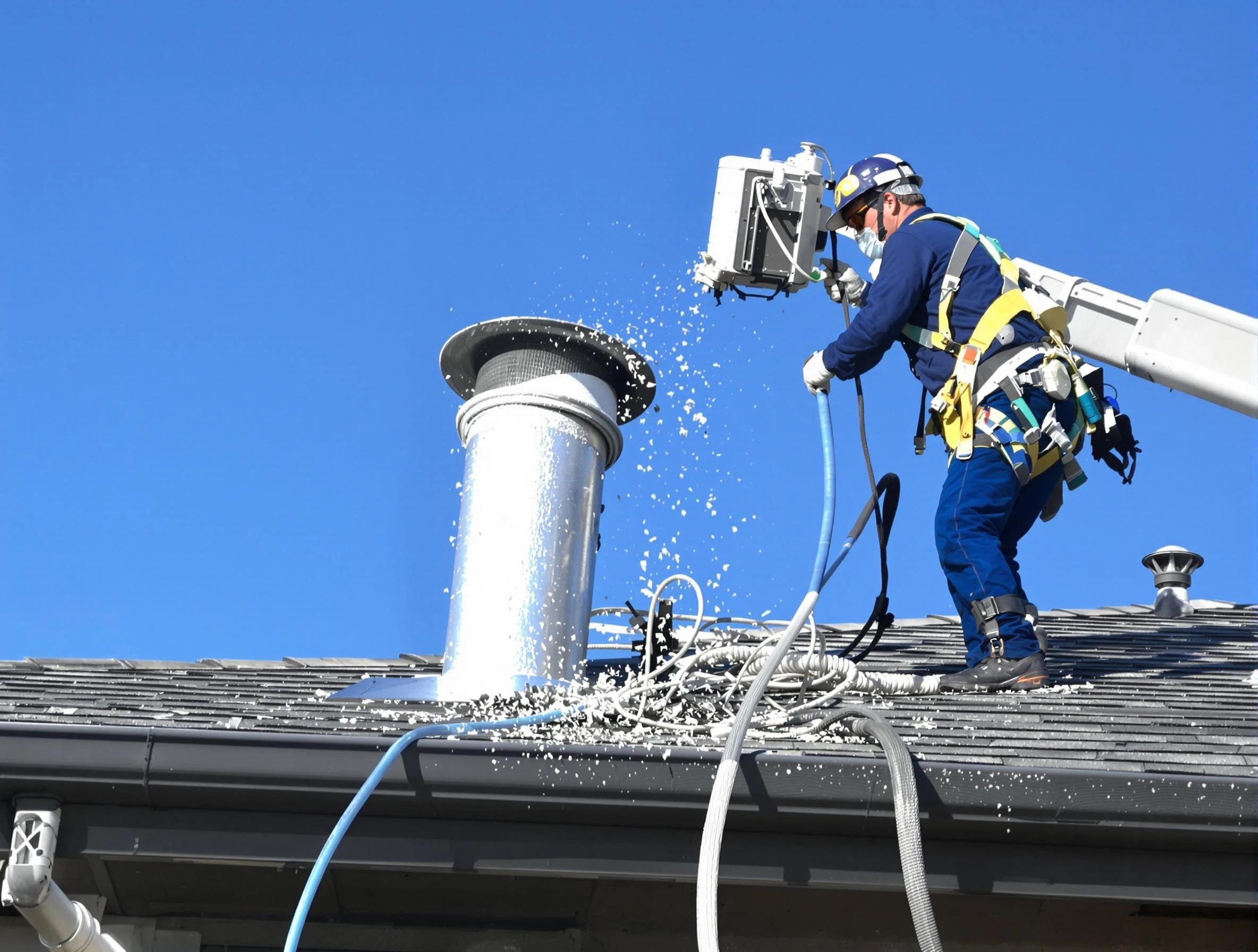 Florence Dryer Vent Cleaning certified technician safely cleaning a roof-mounted dryer vent in Florence