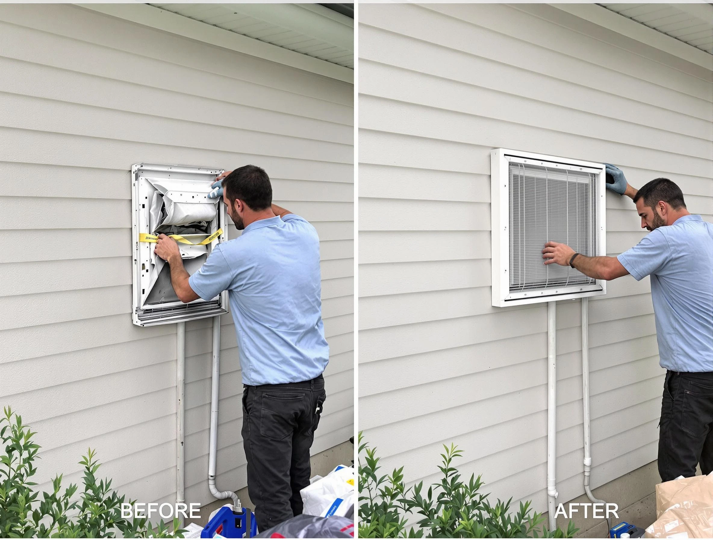Florence Dryer Vent Cleaning technician installing high-quality dryer vent cover at a residential property in Florence